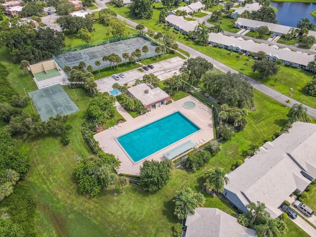 drone / aerial view featuring a water view