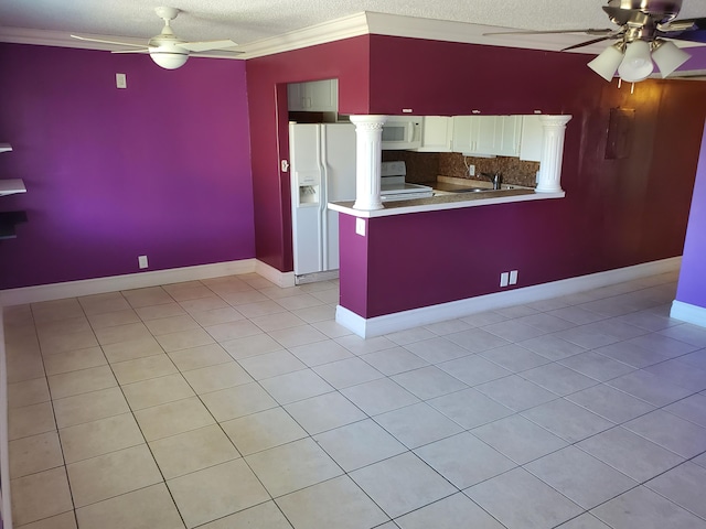 kitchen with a textured ceiling, kitchen peninsula, backsplash, white appliances, and ceiling fan