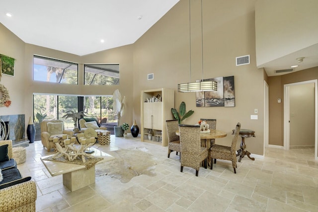 dining area featuring a fireplace