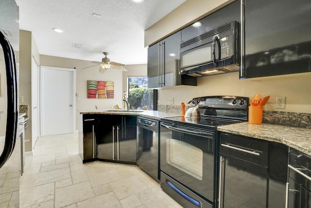 kitchen with sink, light stone counters, a textured ceiling, ceiling fan, and black appliances