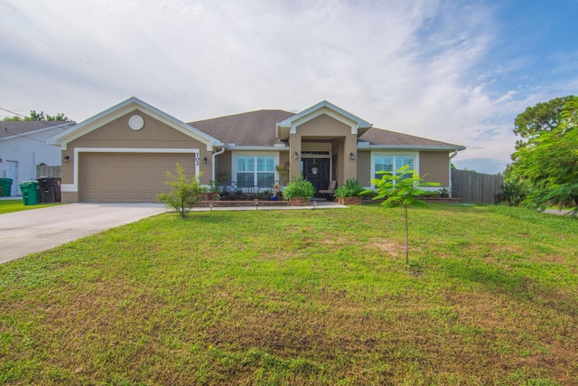 ranch-style home with a garage and a front yard