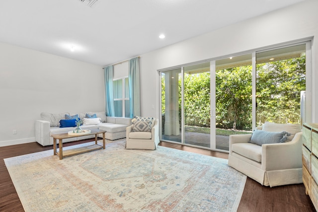 living room with dark wood-type flooring