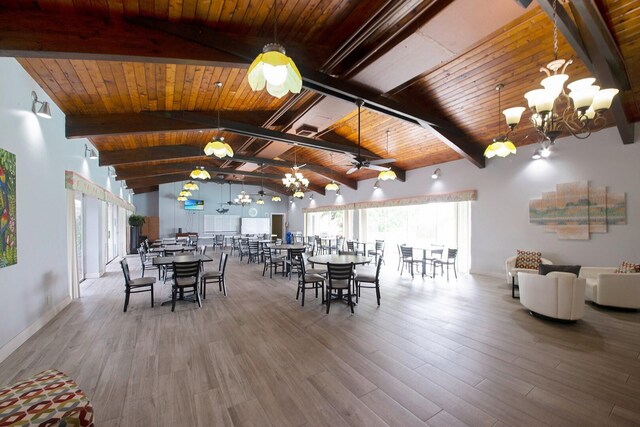 dining area with an inviting chandelier, wood ceiling, and hardwood / wood-style floors