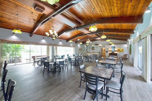 dining space with wood ceiling, high vaulted ceiling, beam ceiling, an inviting chandelier, and hardwood / wood-style flooring