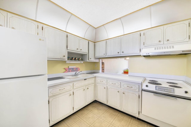 2581 N Garden Dr Unit 306, Lake Worth, FL 33461 - kitchen featuring white appliances, ventilation hood, a sink, and light countertops