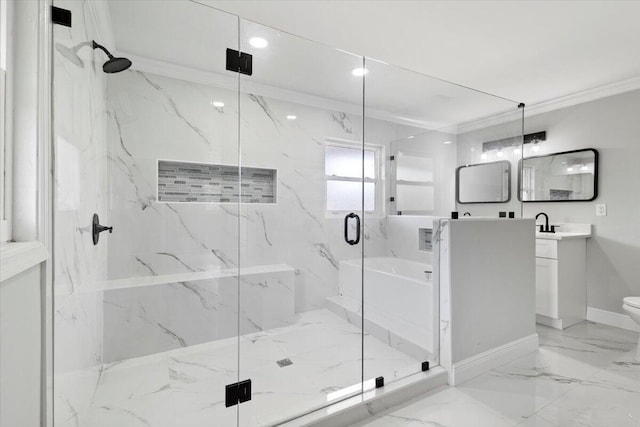 bathroom with toilet, vanity, crown molding, and a shower with shower door