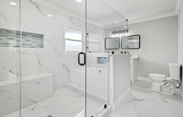 bathroom featuring vanity, toilet, walk in shower, and crown molding