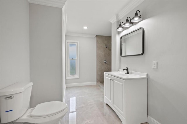 bathroom featuring tile patterned flooring, vanity, ornamental molding, and toilet