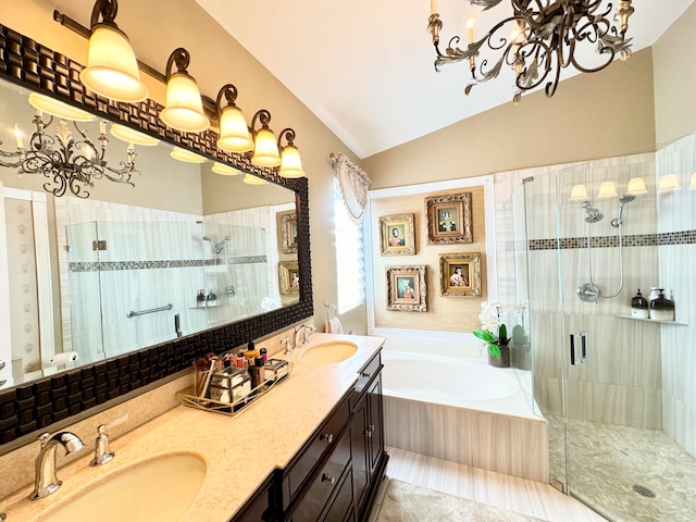 bathroom featuring vanity, independent shower and bath, and vaulted ceiling