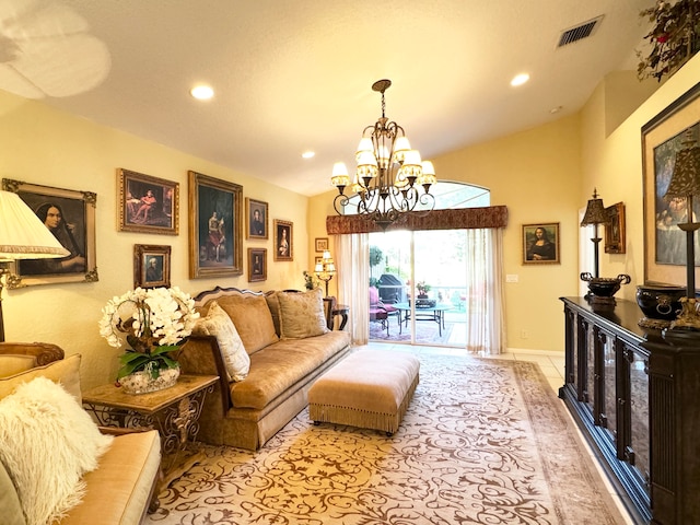 living room featuring a high ceiling and an inviting chandelier