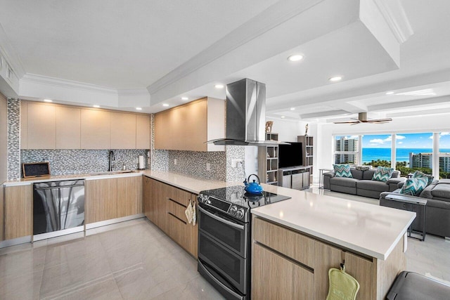 kitchen featuring ceiling fan, island range hood, backsplash, electric range, and black dishwasher