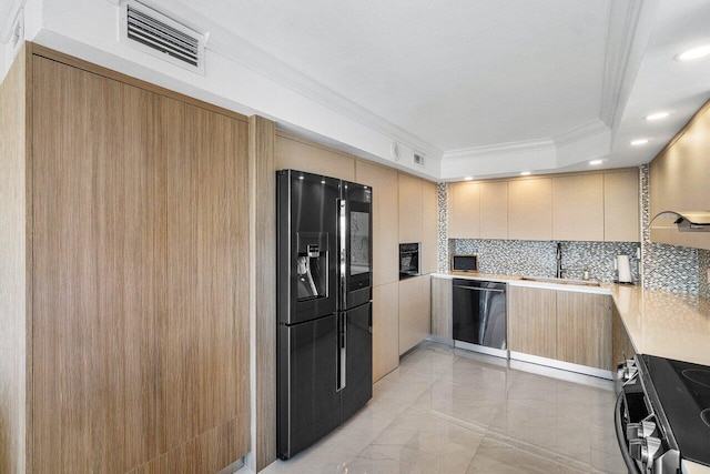 kitchen with black fridge with ice dispenser, stove, stainless steel dishwasher, ornamental molding, and sink