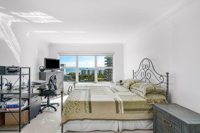 bedroom with ornamental molding and light colored carpet