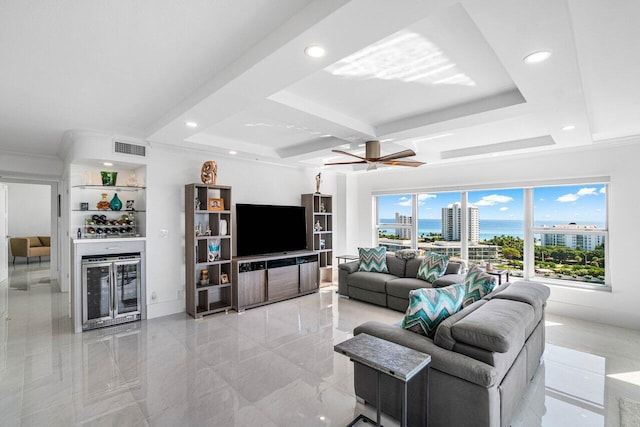 living room with beverage cooler, ceiling fan, and crown molding