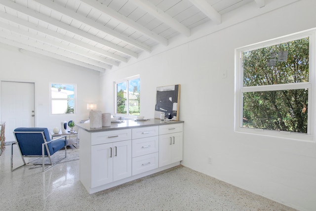 kitchen featuring white cabinetry, lofted ceiling with beams, wooden ceiling, and kitchen peninsula