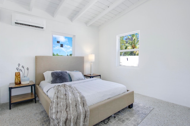 bedroom with a wall unit AC and lofted ceiling with beams