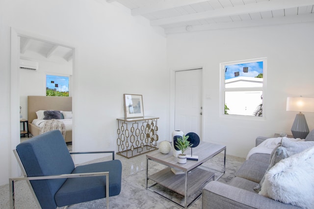 living room featuring wood ceiling, an AC wall unit, and lofted ceiling with beams