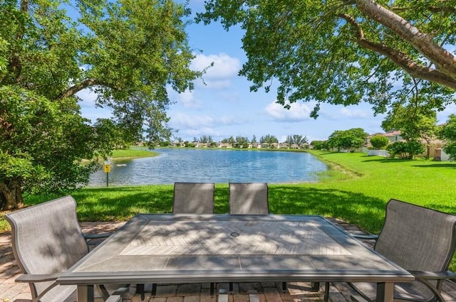 view of patio featuring a water view