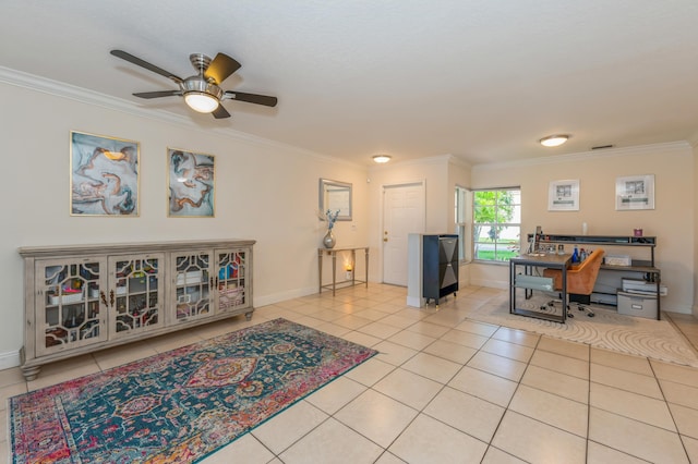 tiled living room featuring ceiling fan and ornamental molding