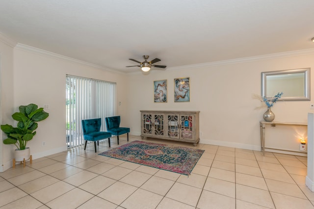 living area featuring ceiling fan, light tile patterned floors, and ornamental molding