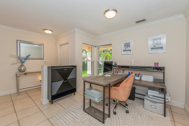 office with light tile patterned flooring and crown molding