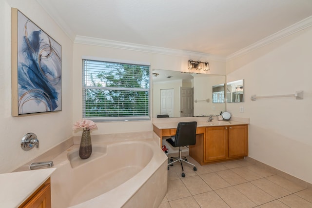 bathroom with tile patterned flooring, vanity, a bathtub, and crown molding