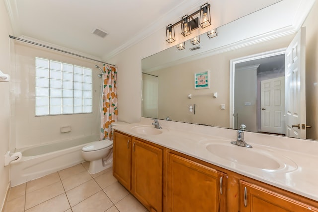 full bathroom featuring vanity, tile patterned flooring, toilet, shower / bath combo with shower curtain, and ornamental molding