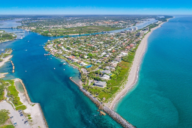 bird's eye view with a view of the beach and a water view