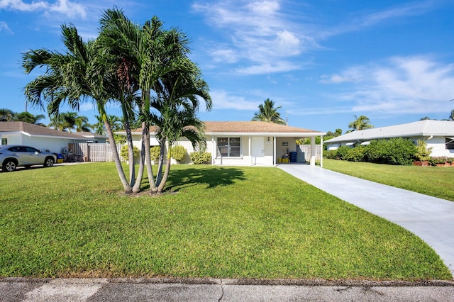 single story home featuring a front yard and a carport