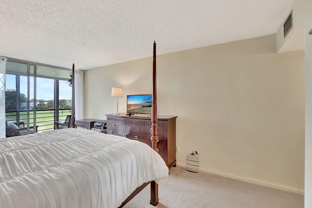 carpeted bedroom with a textured ceiling and expansive windows