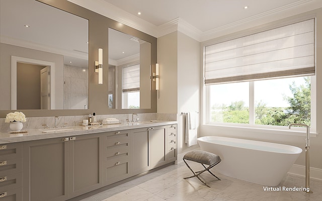 bathroom featuring a tub to relax in, crown molding, and vanity