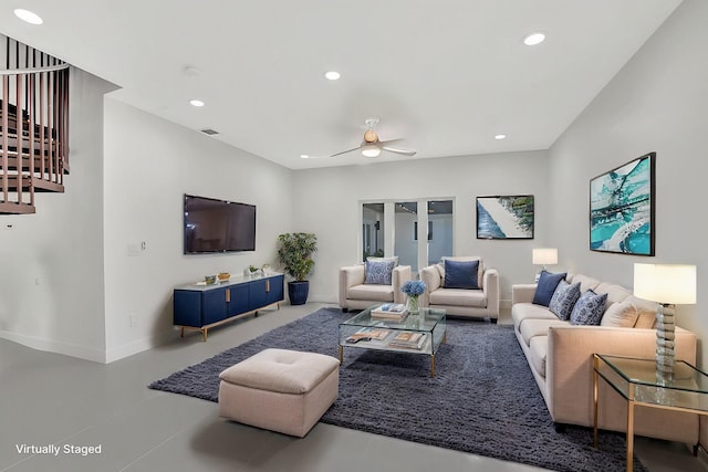 living room with ceiling fan