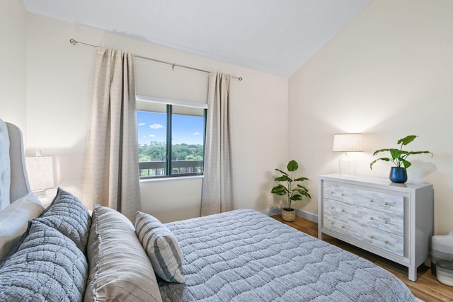 bedroom featuring wood-type flooring and lofted ceiling