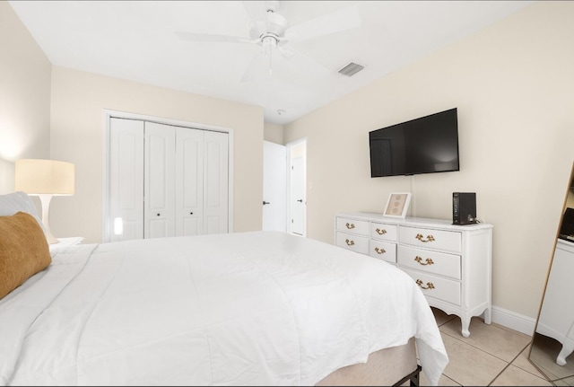 tiled bedroom featuring a closet and ceiling fan