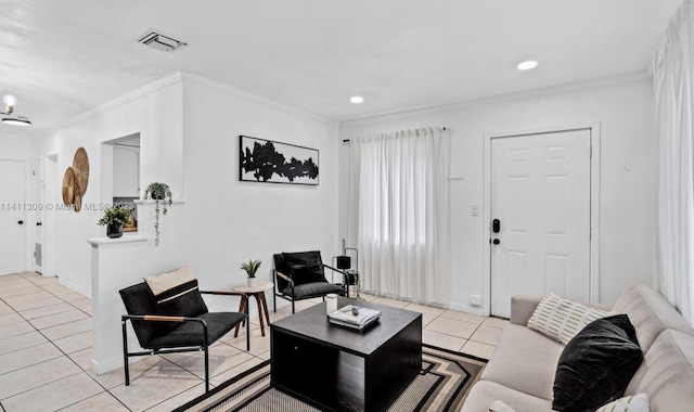 tiled living room featuring crown molding