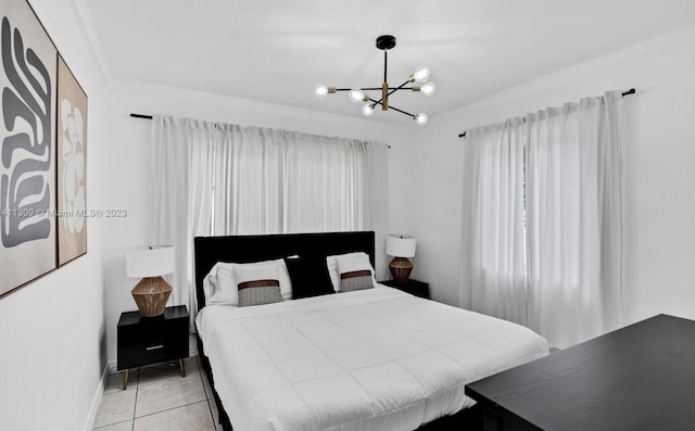 bedroom with ornamental molding, a chandelier, and light tile patterned floors