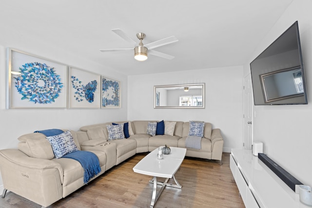 living room featuring ceiling fan and hardwood / wood-style flooring