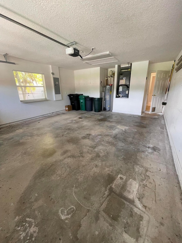 garage featuring a garage door opener, electric panel, heating unit, and electric water heater