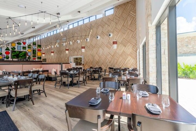 dining room with a towering ceiling, light hardwood / wood-style flooring, and a healthy amount of sunlight