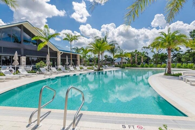 view of swimming pool featuring a patio area