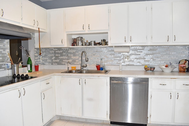 kitchen featuring decorative backsplash, white cabinets, dishwasher, and sink