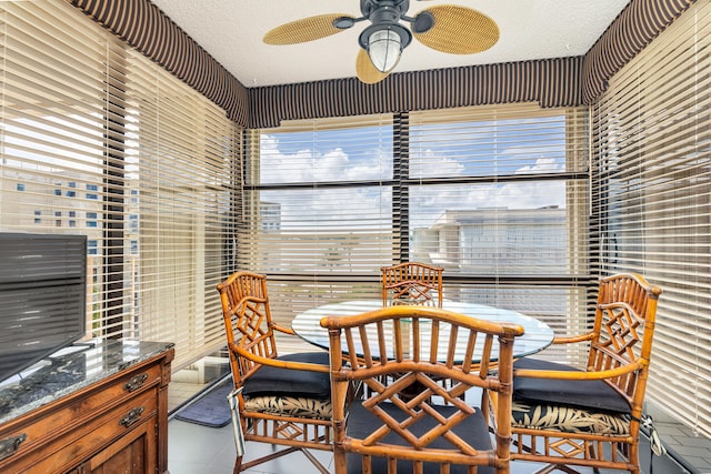 dining space featuring ceiling fan and a textured ceiling