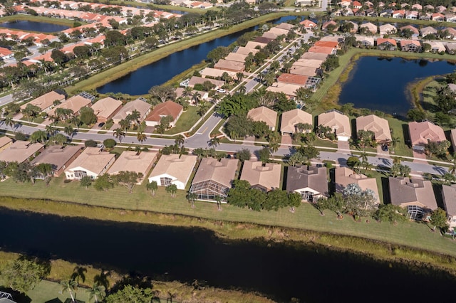 drone / aerial view featuring a water view