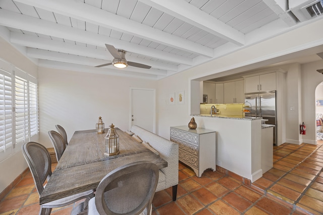 dining room featuring wood ceiling, beam ceiling, ceiling fan, and sink