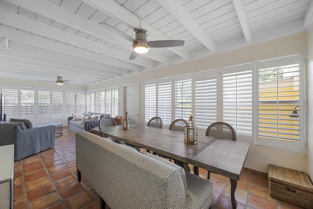 dining room featuring wooden ceiling, a healthy amount of sunlight, beamed ceiling, and ceiling fan