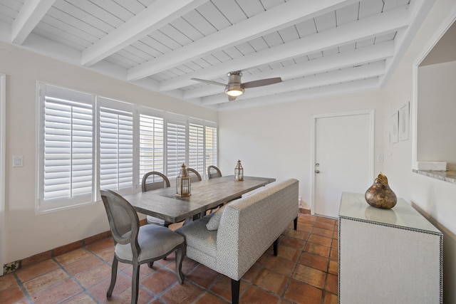 dining area featuring ceiling fan, beam ceiling, and wooden ceiling