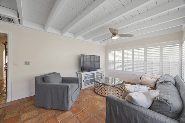 living room with wooden ceiling, beam ceiling, and ceiling fan