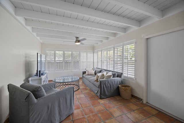 living room featuring wooden ceiling, ceiling fan, and beamed ceiling