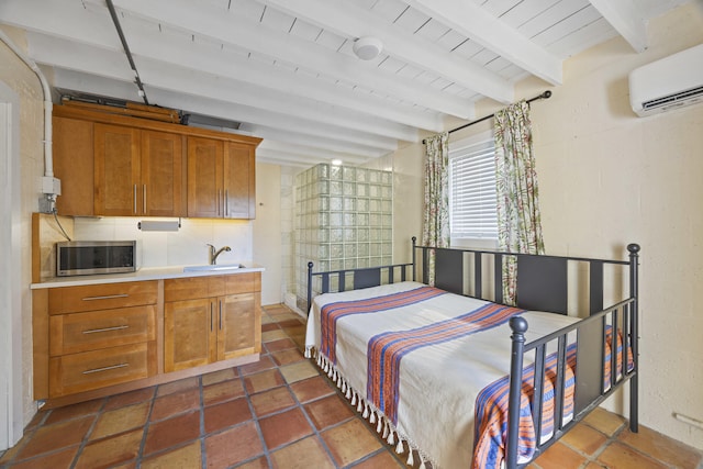 bedroom with wood ceiling, sink, beamed ceiling, and a wall unit AC