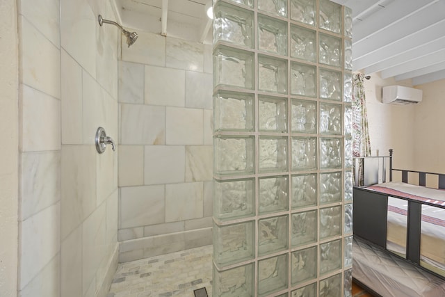 bathroom with walk in shower and a wall mounted AC